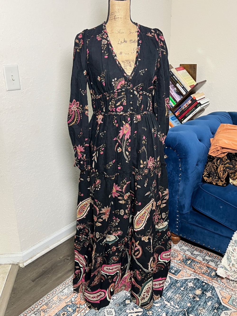 Anthropologie Black Maxi Dress with Pink & Cream Paisley Prints
